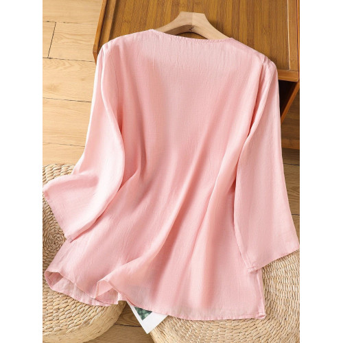 2025新款新中式國風刺綉棉麻襯衫女文藝復古七分袖上衣寬鬆小衫潮