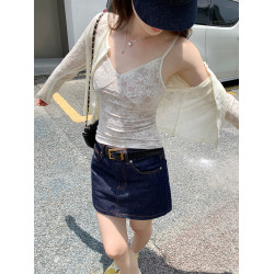 蕾絲吊帶長袖防曬開衫T恤外套兩件套裝女夏季薄款高級感短款上衣