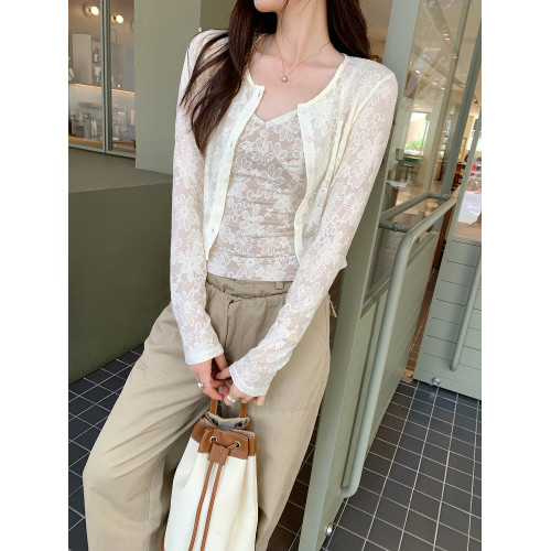 蕾絲吊帶長袖防曬開衫T恤外套兩件套裝女夏季薄款高級感短款上衣