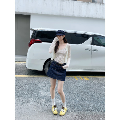 蕾絲吊帶長袖防曬開衫T恤外套兩件套裝女夏季薄款高級感短款上衣