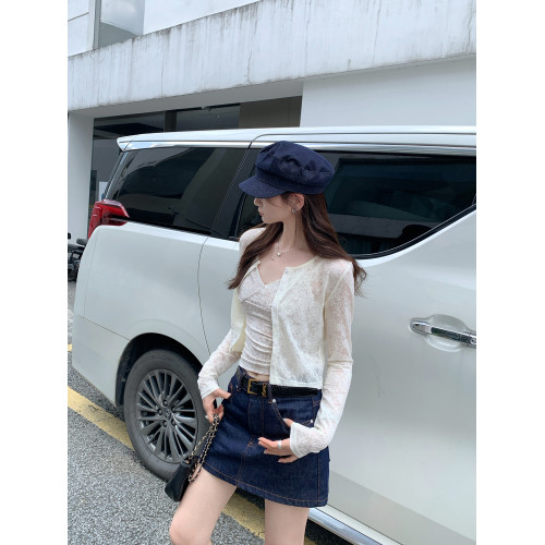 蕾絲吊帶長袖防曬開衫T恤外套兩件套裝女夏季薄款高級感短款上衣