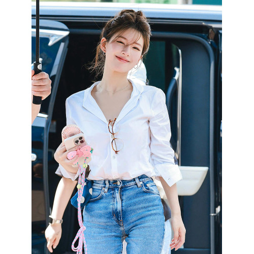 法式白色v領長袖襯衫女春秋新款設計感小衆氣質職業通勤百搭上衣