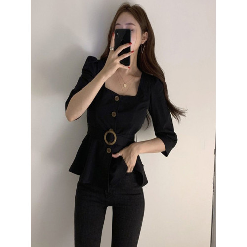 法式設計感小衆氣質泡泡袖襯衫女七分袖小衫春夏新款收腰顯瘦上衣