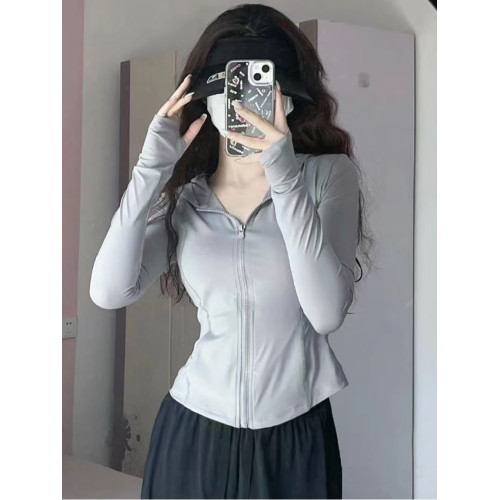 灰色冰絲防曬衣女夏季修身瑜珈防曬服短外套防紫外線速乾運動上衣