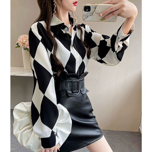 長袖上衣設計感女小衆寬鬆百搭印花襯衫女春秋季繙領氣質襯衣女