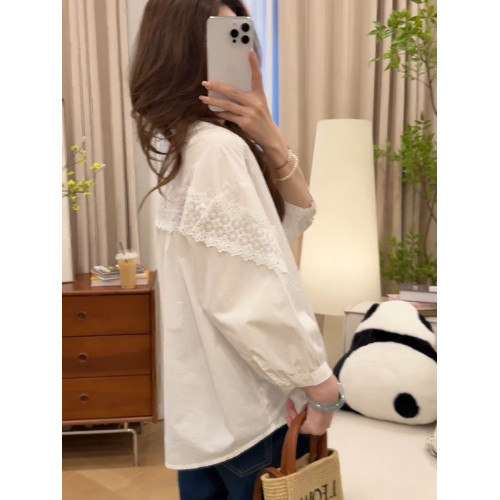 洋氣減齡拼接蕾絲法式白襯衫女早春夏款松弛感寬鬆顯瘦七分袖上衣