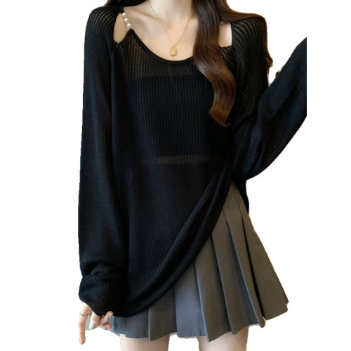 大碼胖mm女裝夏季新款寬鬆針織衫防曬衣罩衫遮肚百搭顯瘦長袖上衣