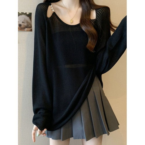 大碼胖mm女裝夏季新款寬鬆針織衫防曬衣罩衫遮肚百搭顯瘦長袖上衣