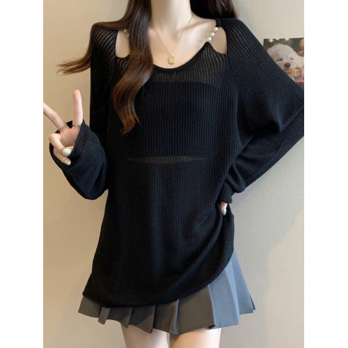 大碼胖mm女裝夏季新款寬鬆針織衫防曬衣罩衫遮肚百搭顯瘦長袖上衣