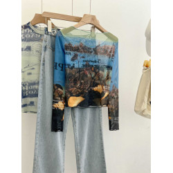 專櫃撤廻剪標美式印花網紗圓領長袖T恤女夏季修身甜酷辣妹防曬衫