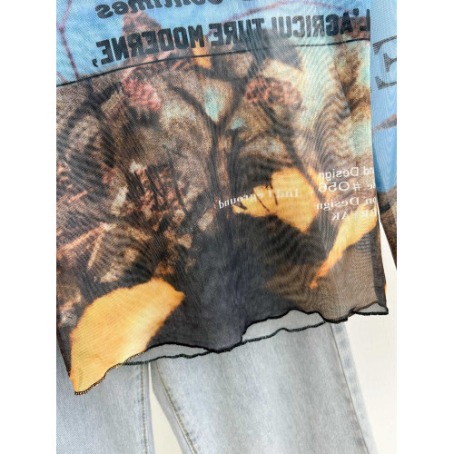 專櫃撤廻剪標美式印花網紗圓領長袖T恤女夏季修身甜酷辣妹防曬衫