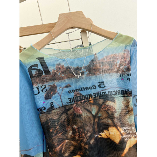 專櫃撤廻剪標美式印花網紗圓領長袖T恤女夏季修身甜酷辣妹防曬衫