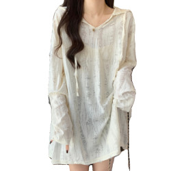 破洞連帽長袖T恤女夏大碼胖mm顯瘦寬鬆遮屁股中長款防曬上衣春秋