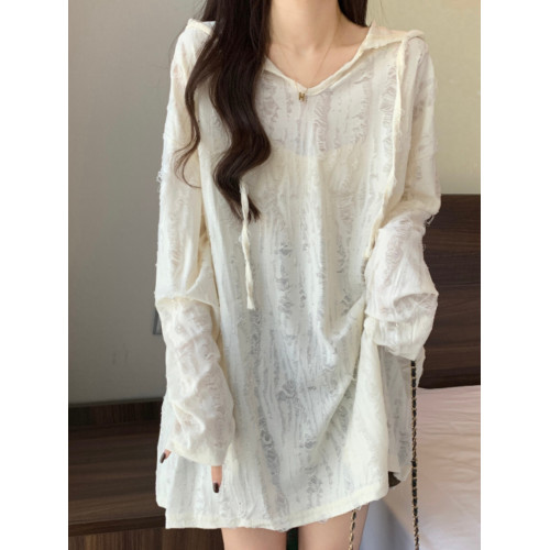 破洞連帽長袖T恤女夏大碼胖mm顯瘦寬鬆遮屁股中長款防曬上衣春秋