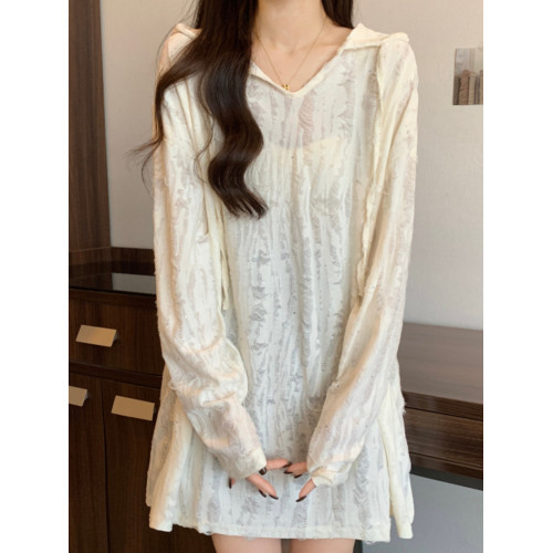 破洞連帽長袖T恤女夏大碼胖mm顯瘦寬鬆遮屁股中長款防曬上衣春秋