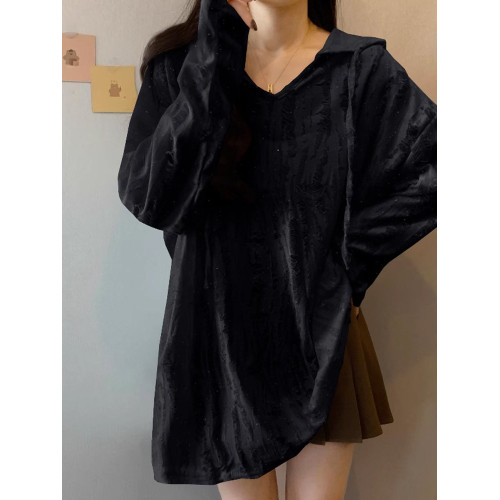 破洞連帽長袖T恤女夏大碼胖mm顯瘦寬鬆遮屁股中長款防曬上衣春秋