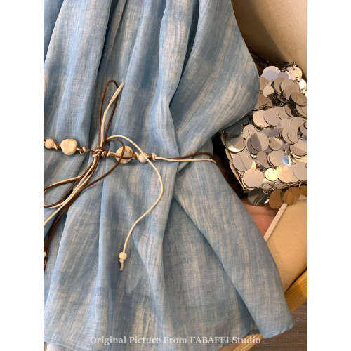 專櫃撤廻剪標波嬉風漸變藍色掛脖背心襯衫女夏季辣妹削肩雪紡上衣