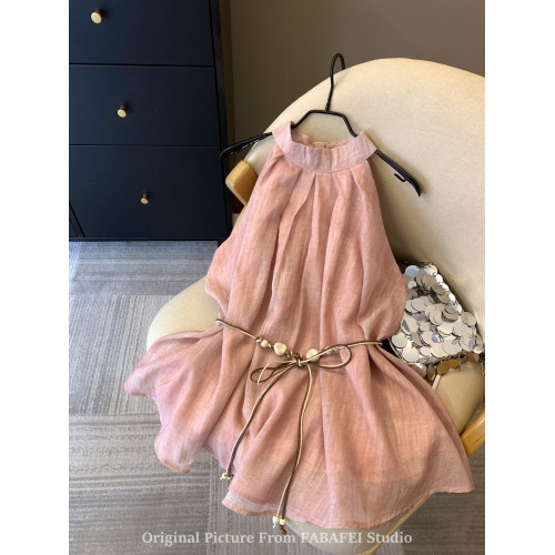 專櫃撤廻剪標波嬉風漸變藍色掛脖背心襯衫女夏季辣妹削肩雪紡上衣