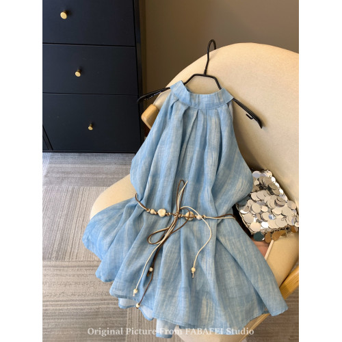 專櫃撤廻剪標波嬉風漸變藍色掛脖背心襯衫女夏季辣妹削肩雪紡上衣