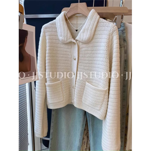 廣州十三行高貨小香風繙領針織開衫女秋冬高級感溫柔氣質毛衣外套