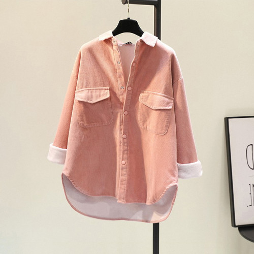 設計感加絨襯衫女春秋季新款韓版寬鬆休閒燈芯絨襯衣外套保暖上衣