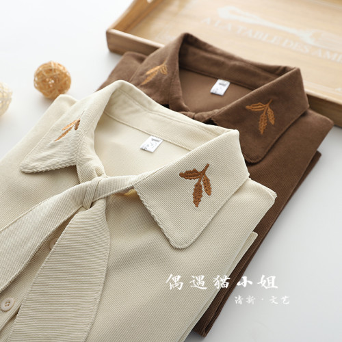 2025秋季新款燈芯絨兔耳蝴蝶結長袖襯衫女內搭甜美設計感小衆上衣