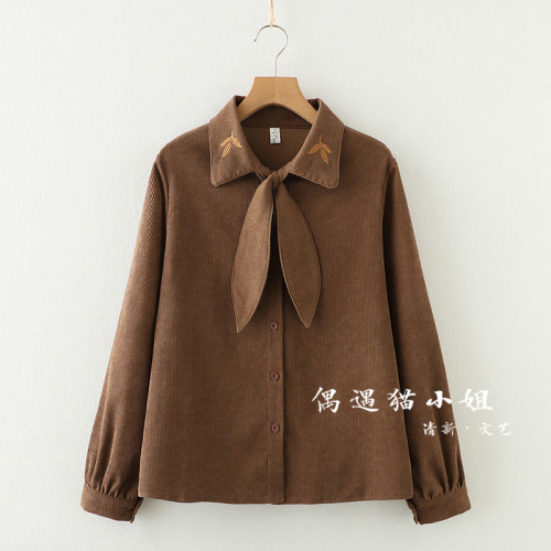 2025秋季新款燈芯絨兔耳蝴蝶結長袖襯衫女內搭甜美設計感小衆上衣