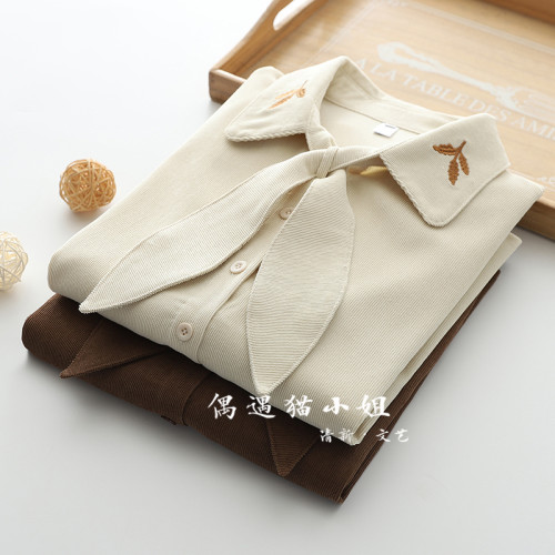 2025秋季新款燈芯絨兔耳蝴蝶結長袖襯衫女內搭甜美設計感小衆上衣