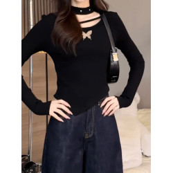 2026秋季新品黑色長袖T恤女不規則設計感洋氣名媛減顯瘦齡打底衫