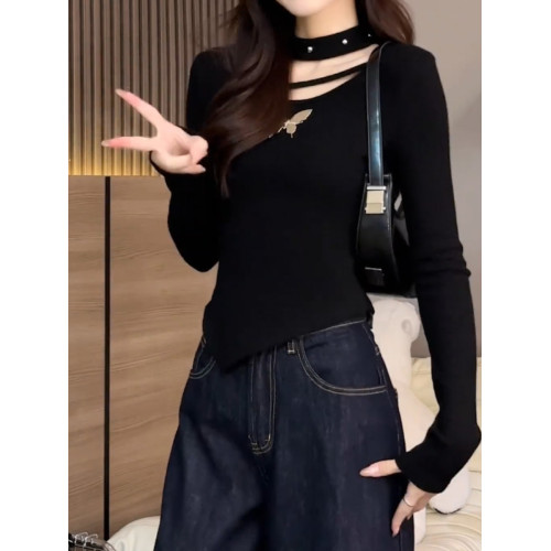 2026秋季新品黑色長袖T恤女不規則設計感洋氣名媛減顯瘦齡打底衫