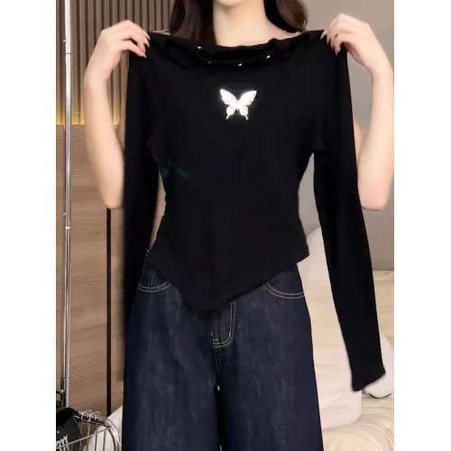 2026秋季新品黑色長袖T恤女不規則設計感洋氣名媛減顯瘦齡打底衫