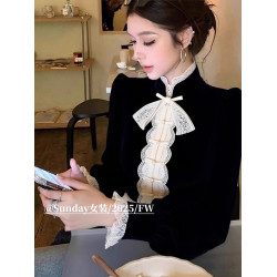 新中式立領復古黑色絲絨上衣女秋冬氣質高級感巨好看盤釦打底襯衣