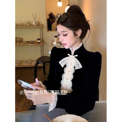 新中式立領復古黑色絲絨上衣女秋冬氣質高級感巨好看盤釦打底襯衣