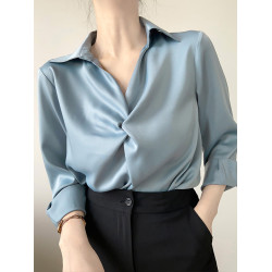 高級感藍色免燙緞面襯衫女2026春季新款職業通勤教資面試長袖襯衣