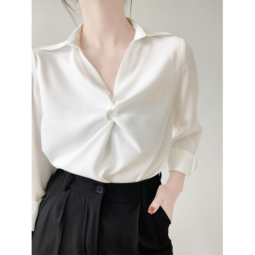 高級感藍色免燙緞面襯衫女2026春季新款職業通勤教資面試長袖襯衣