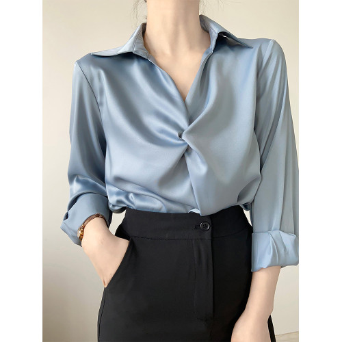 高級感藍色免燙緞面襯衫女2026春季新款職業通勤教資面試長袖襯衣