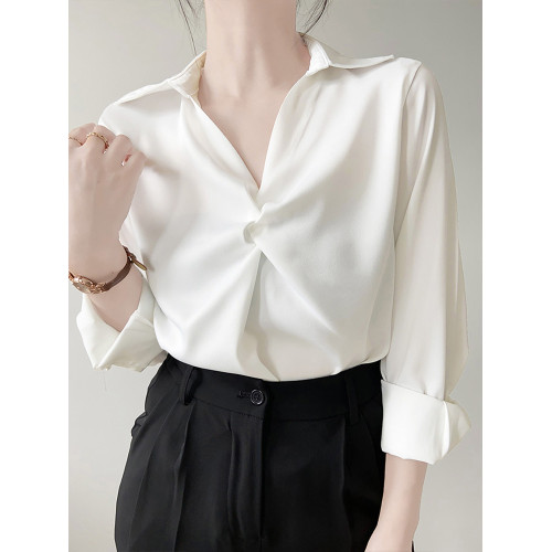 高級感藍色免燙緞面襯衫女2026春季新款職業通勤教資面試長袖襯衣