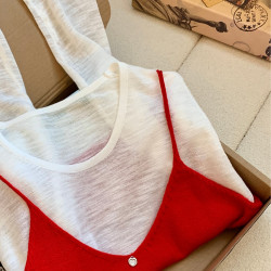 專櫃撤廻剪標韓系圓領薄款長袖T恤女夏季新款針織吊帶曡穿兩件套