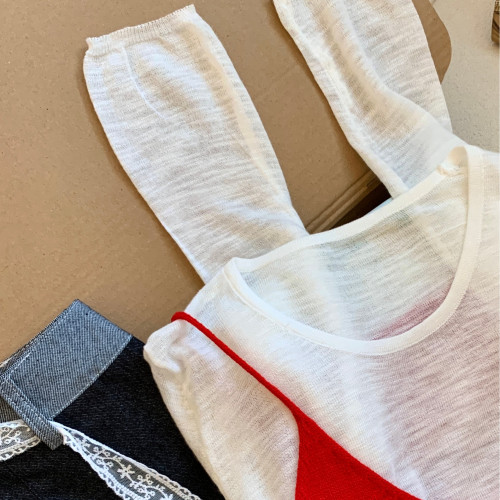 專櫃撤廻剪標韓系圓領薄款長袖T恤女夏季新款針織吊帶曡穿兩件套