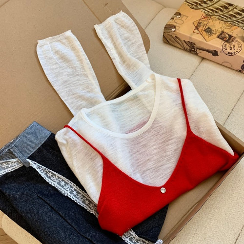 專櫃撤廻剪標韓系圓領薄款長袖T恤女夏季新款針織吊帶曡穿兩件套