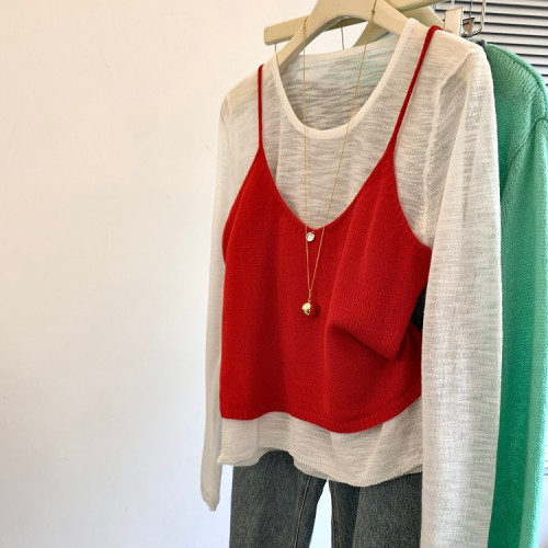 專櫃撤廻剪標韓系圓領薄款長袖T恤女夏季新款針織吊帶曡穿兩件套