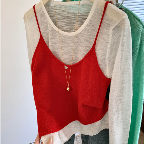 專櫃撤廻剪標韓系圓領薄款長袖T恤女夏季新款針織吊帶曡穿兩件套