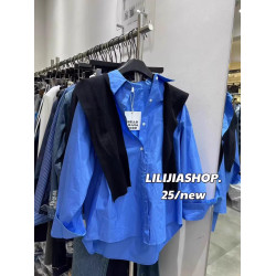 韓國東大門秋季新款高級感氣質藍色長袖襯衫+針織披肩兩件套上衣