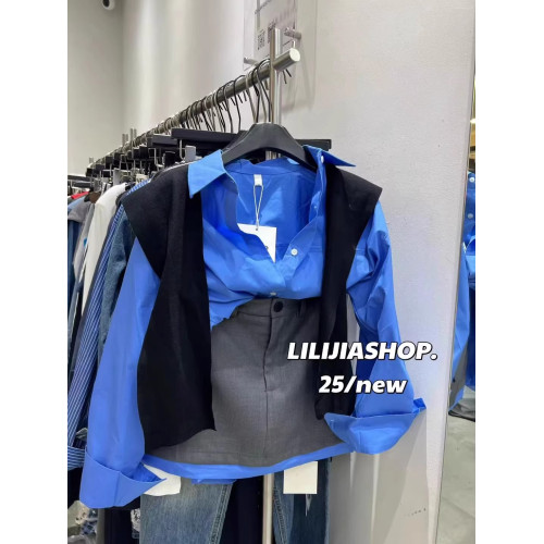 韓國東大門秋季新款高級感氣質藍色長袖襯衫+針織披肩兩件套上衣