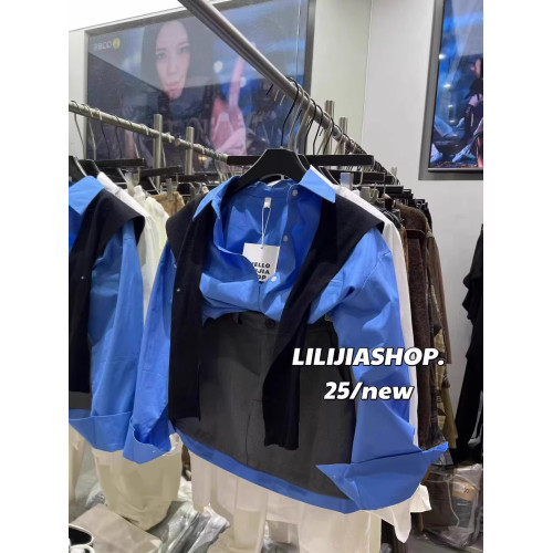 韓國東大門秋季新款高級感氣質藍色長袖襯衫+針織披肩兩件套上衣