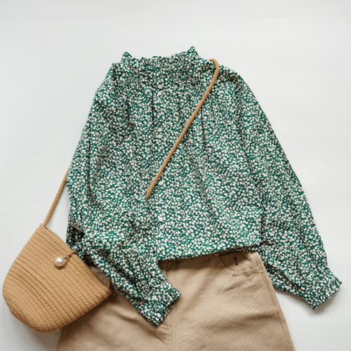 出口女裝原單高密棉碎花木耳邊領襯衫法式宮廷風休閒春夏襯衣