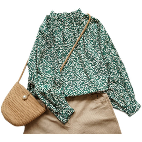 出口女裝原單高密棉碎花木耳邊領襯衫法式宮廷風休閒春夏襯衣