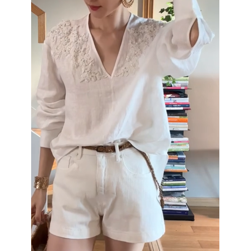 2025年夏新款小衆氣質白色長袖襯衫法式設計感V領松弛感防曬襯衣