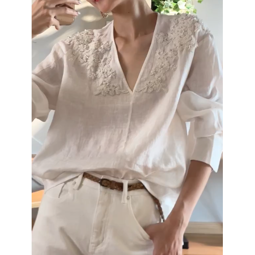 2025年夏新款小衆氣質白色長袖襯衫法式設計感V領松弛感防曬襯衣