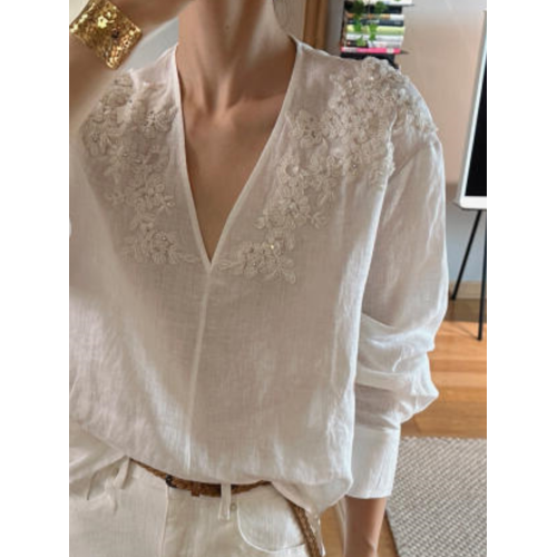 2025年夏新款小衆氣質白色長袖襯衫法式設計感V領松弛感防曬襯衣